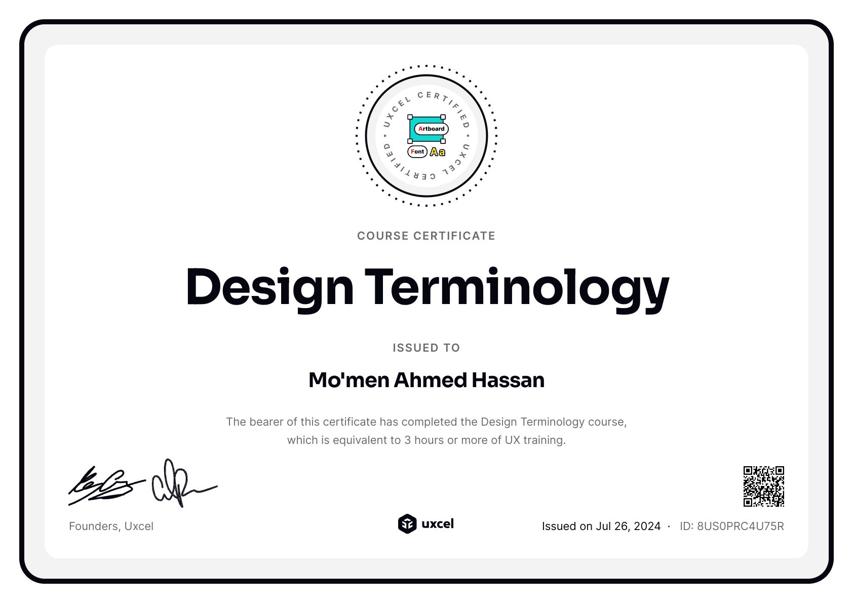 Mo'men Ahmed Hassan's certificate